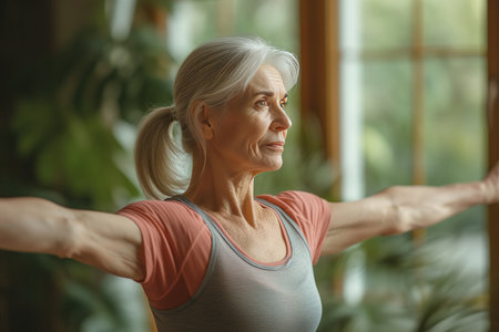 Elderly lady woman with grey hair performing yoga stretches indoors, promoting a healthy lifestyle.の素材