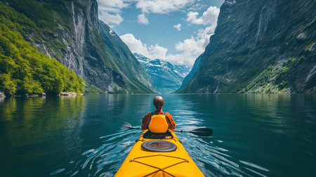 Solo kayaker paddling on a calm mountain lake with majestic snow-capped peaks in the background, reflecting the serenity and beauty of nature.の素材