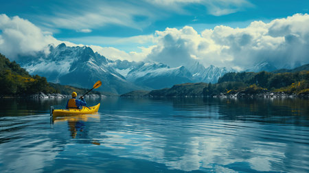 Solo kayaker paddling on a calm mountain lake with majestic snow-capped peaks in the background, reflecting the serenity and beauty of nature.の素材