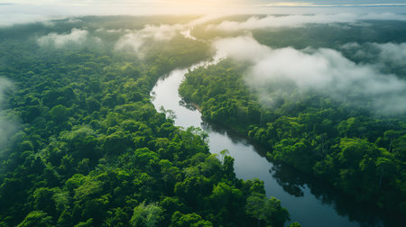 Morning light breaks over a lush rainforest, with mist hovering above the winding river in this breathtaking aerial view of a vibrant ecosystem.の素材