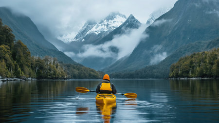 Solo kayaker paddling on a calm mountain lake with majestic snow-capped peaks in the background, reflecting the serenity and beauty of nature.の素材
