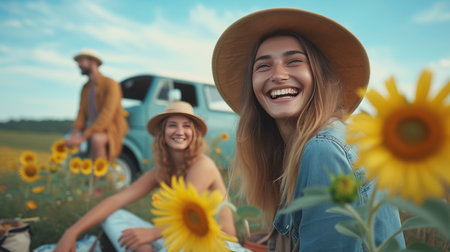 A joyful group of friends shares laughter and good times during a picnic next to a vintage van surrounded by a field of blooming sunflowers.の素材