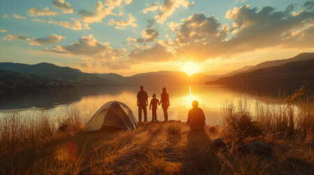 A family enjoys a serene moment by a tent on a lakeside camping trip, with the setting sun casting a golden glow over the tranquil water and mountain landscape.の素材