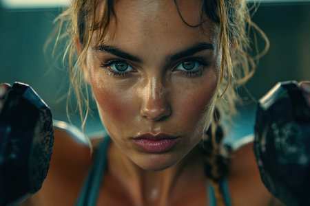 Determined Female Athlete After Intense Training. Close-up of a determined female athlete, sweat glistening on her face, reflecting the intensity of her training session.の素材