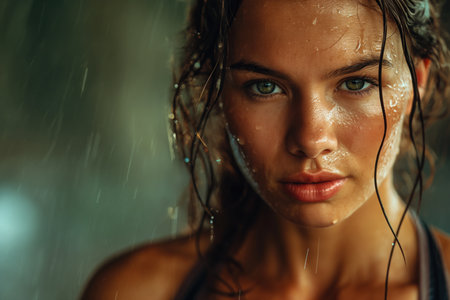 Determined Female Athlete After Intense Training. Close-up of a determined female athlete, sweat glistening on her face, reflecting the intensity of her training session.の素材