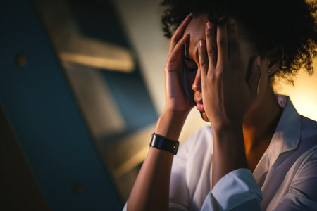 Depressed sadly serious asian business woman having stressful depression sad time working on laptop on office table. Depression woman sad series mental health from working concept.の素材