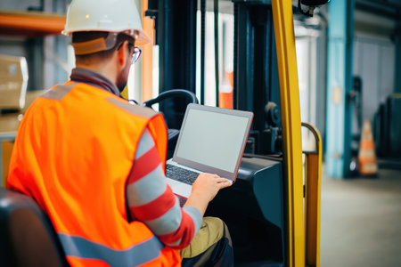Industrial warehouse team engineer or worker man using laptop scanner checking goods and box shelf stock and sitting on floklift in the warehouse factory store,worker counting check stock. Warehouse Logistic concept.の素材