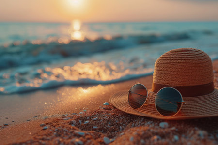 Summer Beach Day Essentials Hat and Sunglasses. A sunhat and a pair of stylish sunglasses lie on the sandy beach, symbolizing leisure and summer.の素材