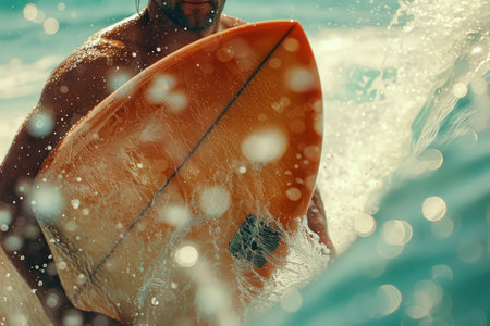 Surfer Contemplating Waves with Surfboard in Hand. A surfer holds their surfboard, gazing out at the vast ocean waves, ready for the surf adventure.の素材