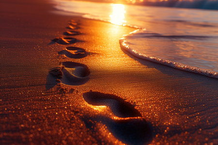 Footprints in Sand Leading to Sunset Ocean. Close-up of footprints on a sandy beach leading towards the ocean under a glowing sunset.の素材