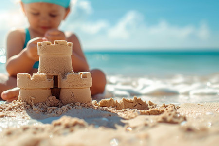 Child's Hands Crafting Sandcastle on Sunny Beach. Detailed view of a child's hands meticulously building a sandcastle on a bright sunny beach.の素材