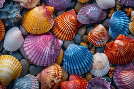 Colorful Seashells Collection on Pebbled Shore. Close-up of vibrant seashells scattered across a pebbled beach, showcasing nature's variety.の素材