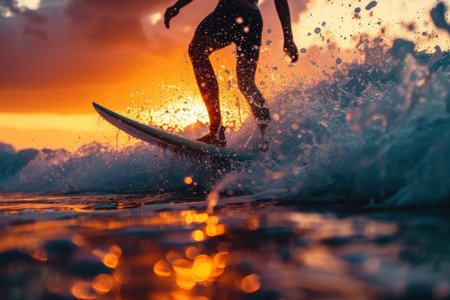 Surfer Riding Wave at Sunset Close-Up. A surfer silhouette rides a cresting wave against the backdrop of a stunning ocean sunset.の素材