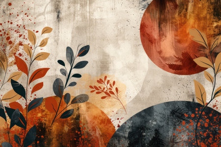 Autumn Abstract with Organic Textures and Shapes. Artistic abstract background combining organic shapes and autumnal tones with a textured finish.の素材
