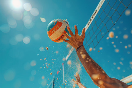 Beach Volleyball Player's Hand Reaching for the Ball. A beach volleyball player's hand skillfully reaches for the ball against a clear blue sky, capturing the energy of the game.の素材