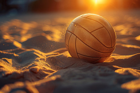 Sunset Beach Volleyball Scene in Warm Light. Close-up beach volleyball rests in the sand, with the setting sun casting a warm, golden glow on the scene.の素材