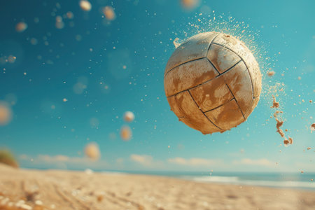 Beach Volleyball Frozen in Mid-Air Action Shot. A dynamic close-up of a beach volleyball suspended in mid-air with a clear blue sky backdrop.の素材