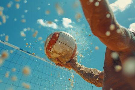 Beach Volleyball Player's Hand Reaching for the Ball. A beach volleyball player's hand skillfully reaches for the ball against a clear blue sky, capturing the energy of the game.の素材