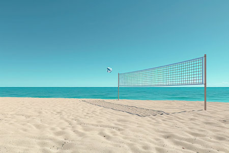 Beach Volleyball Frozen in Mid-Air Action Shot. A dynamic close-up of a beach volleyball suspended in mid-air with a clear blue sky backdrop.の素材