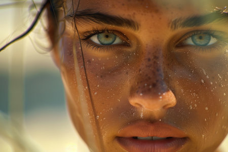 Intense Focus of Beach Volleyball Player Close-Up. A detailed close-up of a beach volleyball player's face, highlighting their intense concentration during the game.の素材