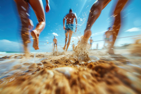 Intense Beach Volleyball Match in Action. Sand flies around the feet of beach volleyball players in the heat of an energetic summer game.の素材