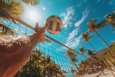 Beach Volleyball Player's Hand Reaching for the Ball. A beach volleyball player's hand skillfully reaches for the ball against a clear blue sky, capturing the energy of the game.の素材