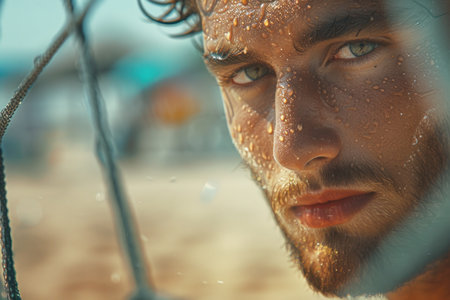 Intense Focus of Beach Volleyball Player Close-Up. A detailed close-up of a beach volleyball player's face, highlighting their intense concentration during the game.の素材