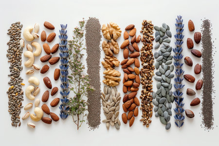 Artistic Nuts and Seeds Composition with Flowers. A creative display of various nuts and seeds with colorful flowers on a white background.の素材