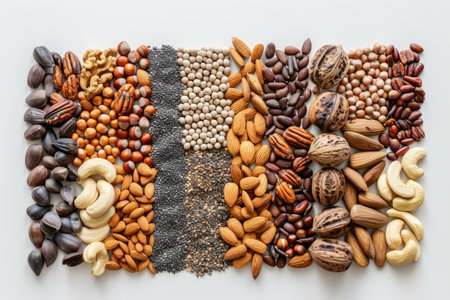 Artistic Nuts and Seeds Composition with Flowers. A creative display of various nuts and seeds with colorful flowers on a white background.の素材