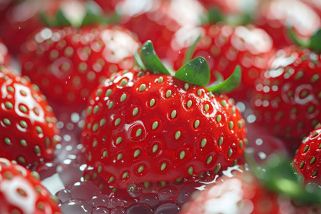 Succulent Strawberries with Glistening Droplets. Vibrant close-up of fresh strawberries with glistening water droplets enhancing their texture.の素材