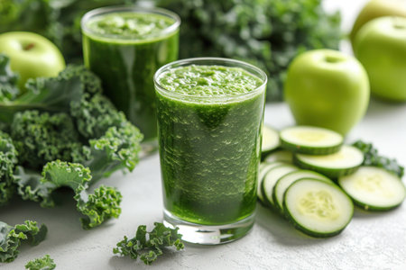 Nutrient-Rich Kale and Apple Green Smoothie. Vibrant green kale and apple smoothie with cucumber slices and whole green apples on a white background.の素材