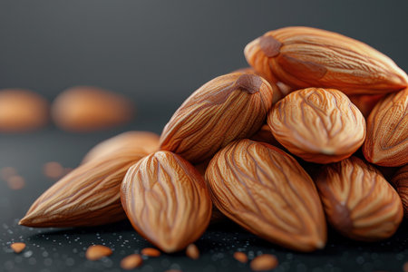 Detailed Close-Up of Textured Almond Nuts. Macro shot capturing the intricate textures and patterns on almond nuts piled together.の素材