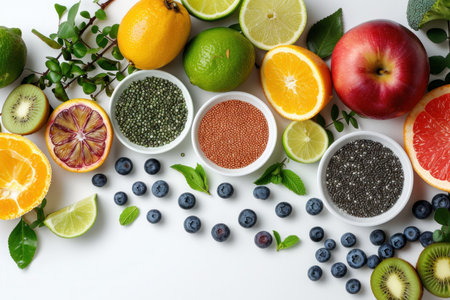 Assorted Superfoods and Citrus Fruits Arrangement. A variety of citrus fruits and bowls of superfoods on a white background, showcasing health and wellness.の素材
