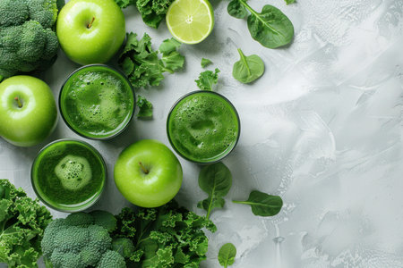 Fresh Green Smoothie and Ingredients Top View. Fresh green smoothie in glass surrounded by kale, apple, broccoli, and kiwi on a textured background.の素材