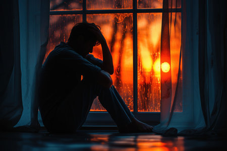 Silhouette depressed man sadly sitting on the bed in the bedroom. Sad asian man suffering depression insomnia awake and sit alone on the bed in bedroom. Depression health people concept.の素材