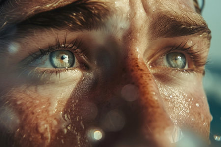 Intense Focus in a Sailor's Piercing Blue Eyes. Close-up of a sailor's face focusing intently, with water droplets and freckles visible.の素材