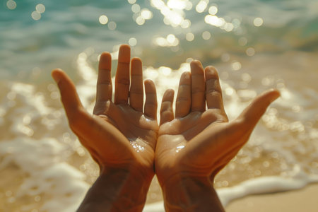 Intertwined Hands Capturing Sunlight at Seaside. Close-up of hands held together against a beautiful sunset over the ocean. Hope, Meditation summer outdoor activity concept.の素材