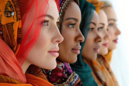 Diverse Women in Colorful Headscarves Close-Up. Four diverse women wearing colorful headscarves, representing unity in diversity.の素材