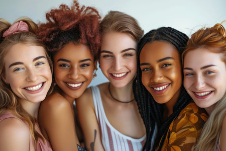 Joyful Diverse Women with Colorful Hairstyles Close-Up. Joyful diverse women with colorful hairstyles, sharing a genuine moment of happiness.の素材