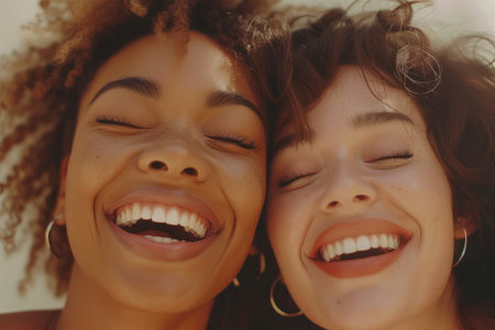 Joyful Diverse Women with Colorful Hairstyles Close-Up. Joyful diverse women with colorful hairstyles, sharing a genuine moment of happiness.の素材