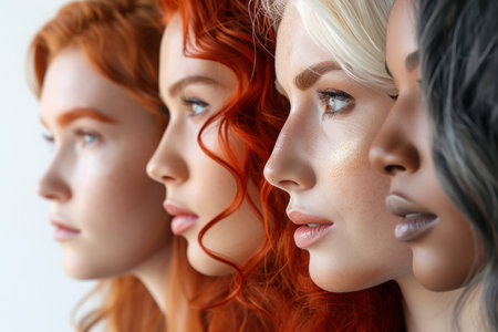 Diverse Women Profile with Unique Hairstyles. Side profile close-up of diverse women showcasing unique hairstyles and natural beauty against a neutral background.の素材