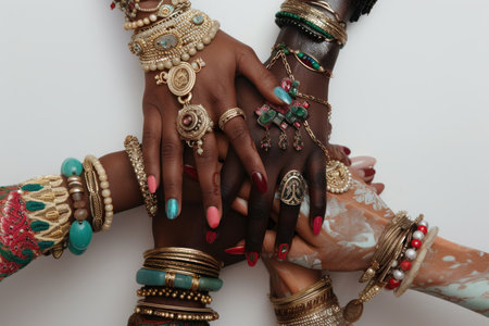 Vibrant Hands Showcasing Traditional Indian Jewelry. A vibrant close-up of diverse hands adorned with colorful bangles and rings, symbolizing unity and cultural beauty.の素材
