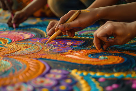 Friends Creating Colorful Rangoli Art Together. Close-up of hands meticulously crafting a vibrant rangoli, a traditional Indian art form during a festival.の素材