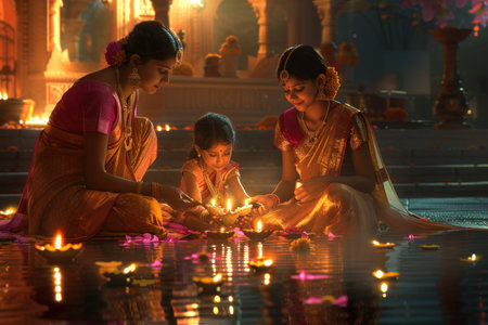 Family Bonding Over Diwali Traditions at Dusk. An animated illustration of a family dressed in traditional attire, exchanging smiles over Diwali lamps in the twilight.の素材