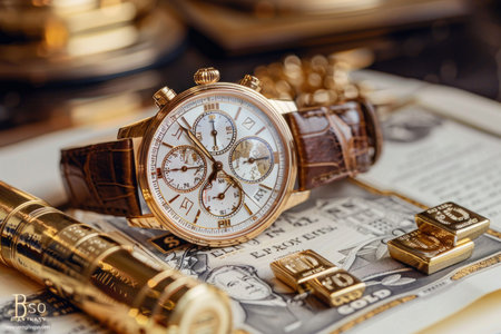 Elegant Wristwatch Amidst Financial Documents and Gold. A classic elegant wristwatch placed on financial newspapers next to gold bars, symbolizing wealth and time management.の素材