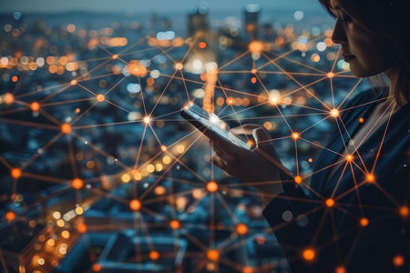 Connecting with Technology in a Digital World. A person interacts with a smartphone, symbolizing connectivity in a networked digital world, with a cityscape background illuminated by data nodes.の素材