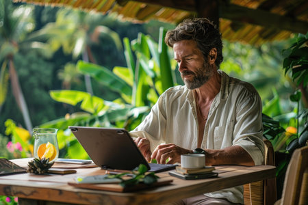 Man Working Remotely in Tropical Setting. A focused man in casual attire works on a tablet in a serene tropical environment, blending work with nature.の素材