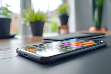 Smartphone Displaying Financial Investment App. Close-up of a smartphone lying on a desk showing a colorful financial investment application with charts and analytics.の素材