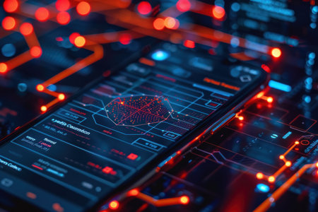 Smartphone Displaying Intricate Circuit Board Design. Close-up of a smartphone screen with a detailed blue circuit board pattern illuminated by lights.の素材