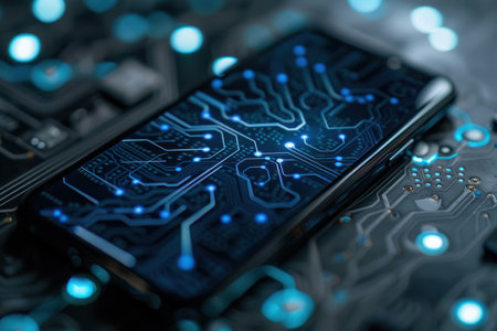 Smartphone Displaying Intricate Circuit Board Design. Close-up of a smartphone screen with a detailed blue circuit board pattern illuminated by lights.の素材